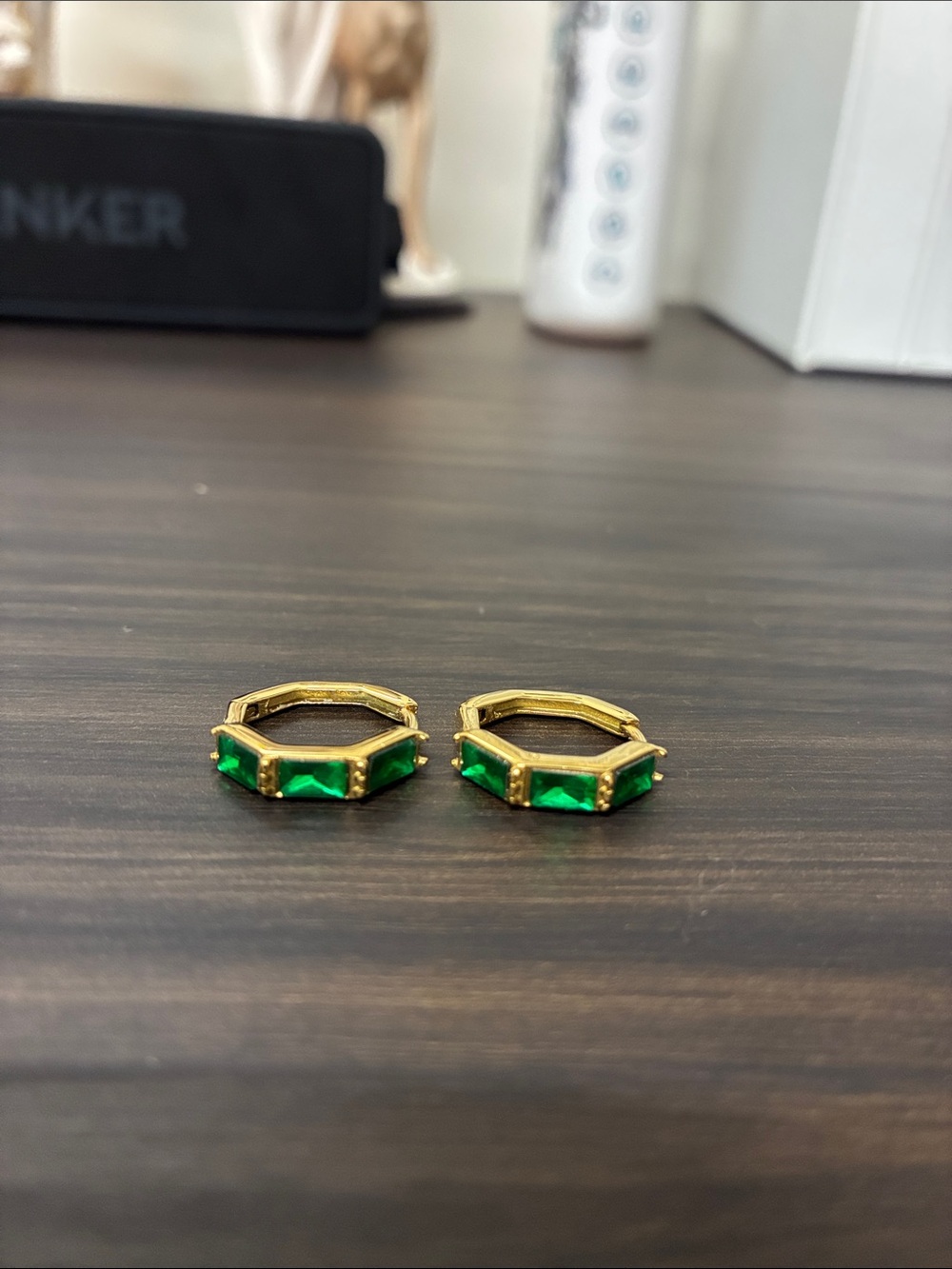 Gold Emerald-Color Baguette Hexagon Hoop Earrings - Women Jewelry